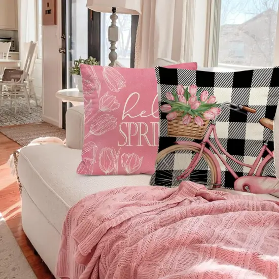 Hello Spring Pillow Covers Flowers Pink Tulip Bicycle Truck Pillowcases Spring Farmhouse Decorations, 18 x 18 Inch Cushion Case for Sofa Couch Set of 4 {2}