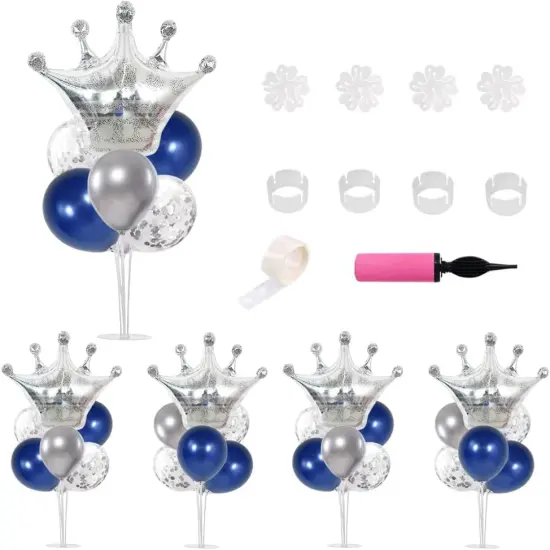 Table Centerpiece Balloons Stand Kit Include Blue Silver Latex Confetti Balloons and Foil Crown Balloon for Birthday Baby Shower Graduation Anniversary Table Party Decorations {1}