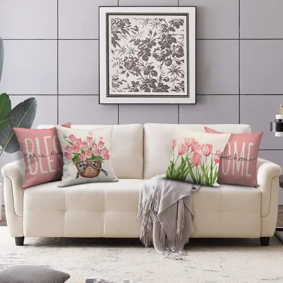 Pillow Covers 18x18 Set of 4 Tulip Home Sweet Home Pink Decorative Throw Pillow Cases Spring Summer Seasonal Decorations for Sofa Couch Farmhouse Home Decor {2}