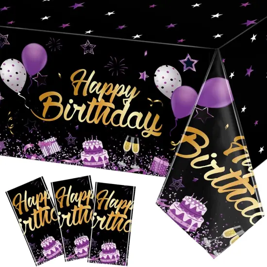 3 Pack Birthday Party Supplies Confetti Sprinkles Happy Birthday Tablecloths Starry Table Covers for Kids Adults Party Decorations, 54 x 108 Inches (Purple and Black) {1}