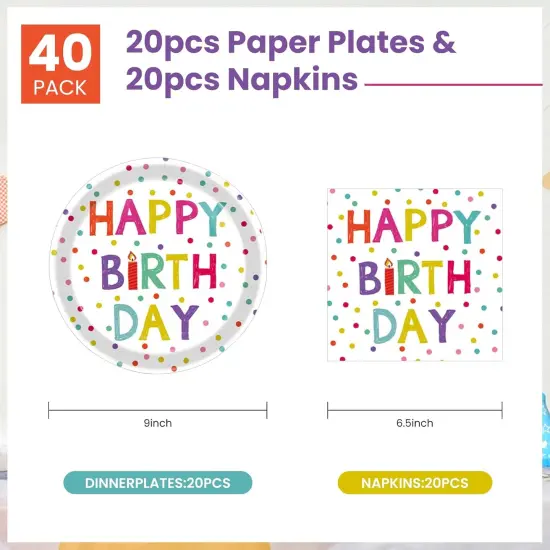 40 Pcs Birthday Plates and Napkins Party Supplies, Disposable Happy Birthday Plates and Napkins Dots Design Tableware Set for Birthday Party Decorations Serves 20 {2}