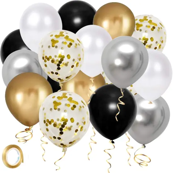 Black Gold Silver party Balloons, 50pcs 12 Inch Metallic Thicker Latex Confetti Balloons with Ribbon for Wedding Birthday Baby Shower Decorations (BlackGoldSilver50pcs) {1}