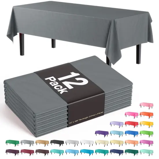 Exquisite 12-Pack Premium Plastic Tablecloth 54in. x 108in. Rectangle Plastic Table Cover Silver {1}