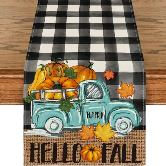 Buffalo Plaid Truck Pumpkin Maple Leaf Hello Fall Table Runner-13x36 Inch {1}