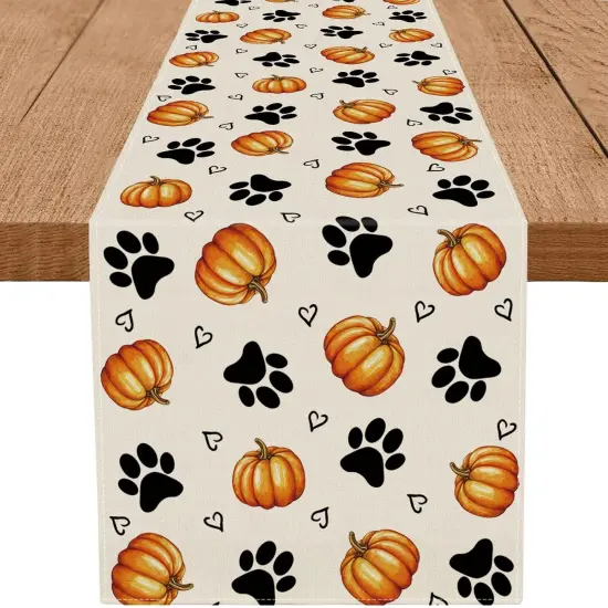 Fall Table Runner Pumpkin Dog Paw Seasonal Autumn Burlap-13x72 Inch {1}