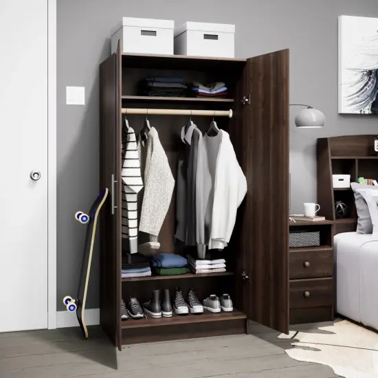 65-Inch Freestanding Tall Cabinet with Clothing Rod and Shelves for Bedroom or Kitchen Storage Dark Brown {5}