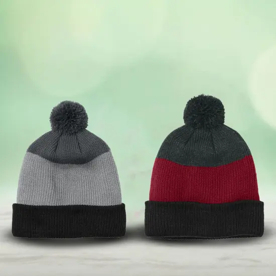 Port Authority&reg; Cozy Striped Pom Beanie Soft Acrylic Adjustable Cuff Warm Knit Hat Gusty Grey {7}