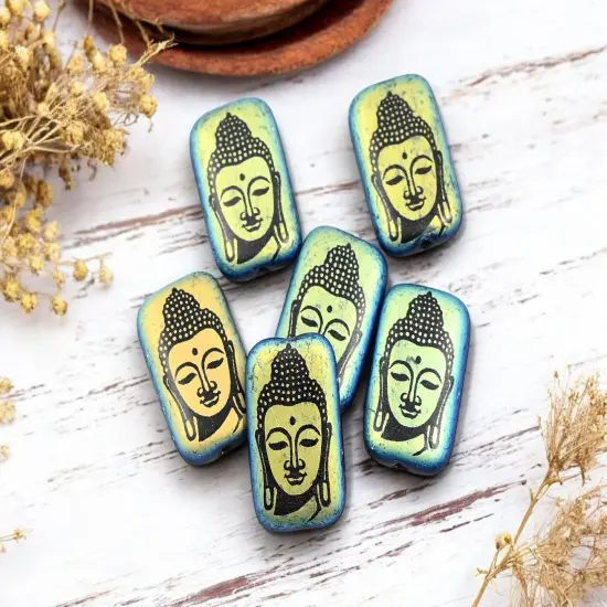 *6* 19x12mm Jet Black AB Laser Etched Buddha Rectangle Beads {4}