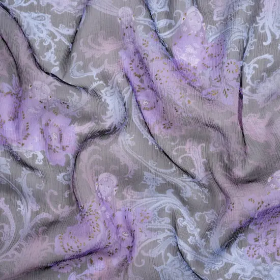 1 Yard Purple, Black and Metallic Gold Matryoshka Doll Crinkled Silk Chiffon Designer Fashion Textile 54 inch Width {2}