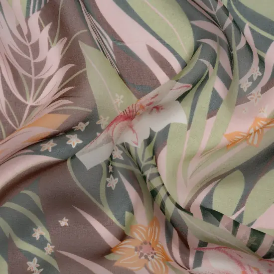 1 Yard Green, Brown and Pink Tropical Flora Silk Chiffon Lightweight Designer Textile 54 inch Width {2}