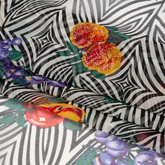 1 Yard Black, White and Green Op Art Fruits Silk Chiffon Abstract Print Fabric, 54 Inches Width {3}