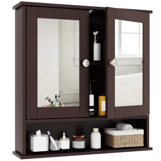 Wall Cabinet with Double Mirror Doors Adjustable Shelf Storage for Bathroom and Bedroom White {10}