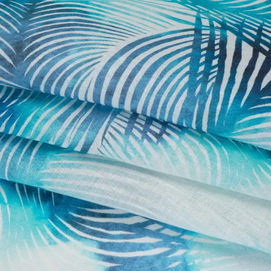 1 Yard Sahara Blue White Linen Fabric Medium Weight Palm Leaves 58 inch Width {4}