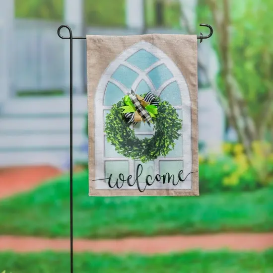 Farmhouse Window and Wreath Garden Flag 2 Sided Burlap Welcome {3}