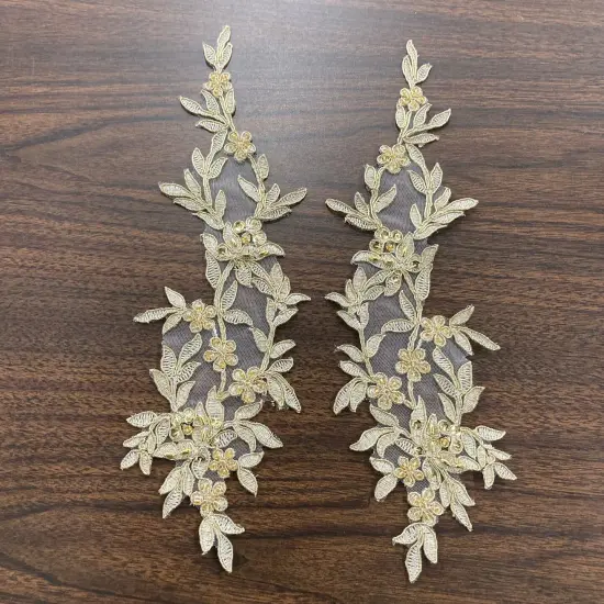 1 Pair Beaded & Corded Floral Lace Applique 13" x 4" Each Side Metallic Gold {1}