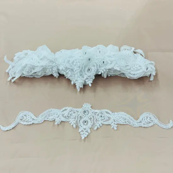 Beaded Lace Applique Embroidered on 100% Polyester Net Mesh 16" x 3.5" Ivory {2}