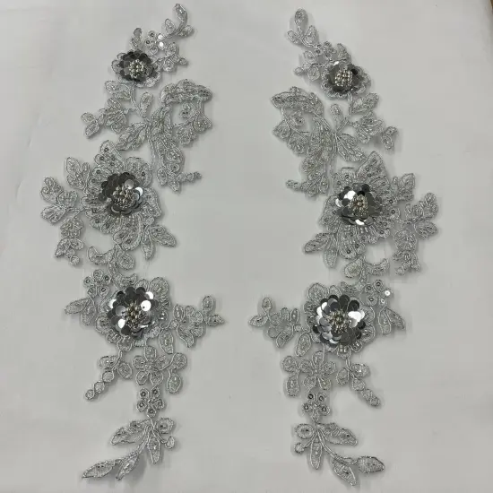 1 Pair Beaded & Corded Floral 3D Lace Applique Embroidered on 100% Polyester Net Mesh, 14" X 3 " Wide Each Side Silver {1}