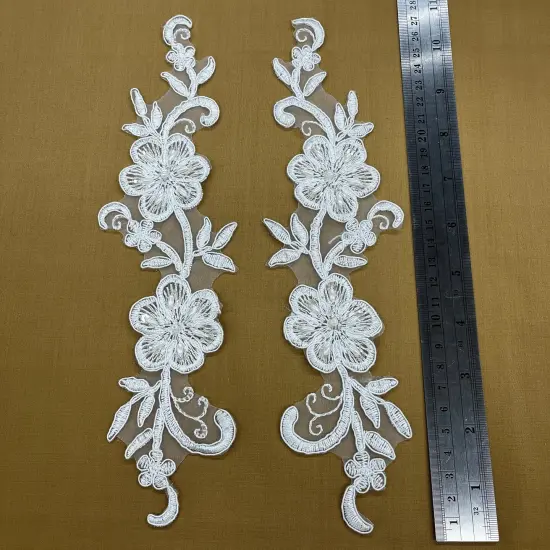 1 Pair Beaded & Corded Lace Applique 10" x 2" Each Side White {1}