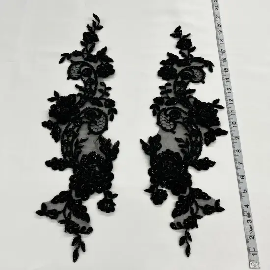 1 Pair Beaded & Corded Floral Lace Applique for Bridal & Quinceanera Dresses 100% Polyester Mesh 20" x 5.5" Each Side White {4}