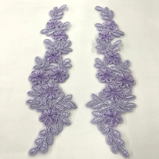 1 Pair 9.5" x 2" Each Side Beaded & Corded Floral Lace Applique Embroidered on 100% Polyester Net Mesh Lilac {1}