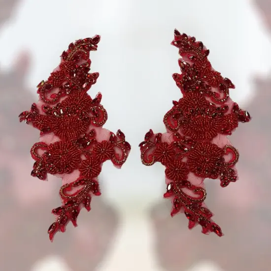 1 Pair Crystal Rhinestone Beaded & Corded Lace 100% Polyester, 12" x 5" Each Side Red / Gold {1}