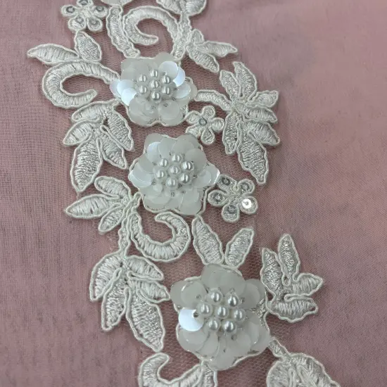 1 Pair 11" x 3" Each Side Beaded & Corded Floral 3D Lace Applique 100% Polyester Net Mesh Gold {7}