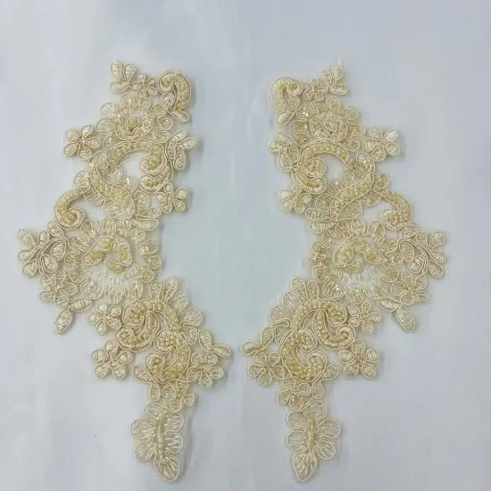 1 Pair 9" x 3" Each Side Beaded & Corded Floral Lace Applique Organza Champagne {1}
