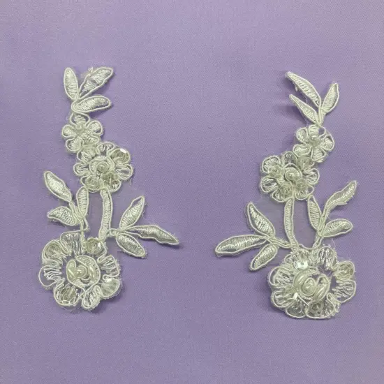1 Pair Beaded & Corded Floral Lace Applique 4" x 2" Each Side White {3}
