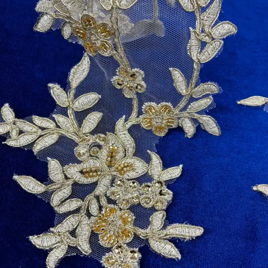 1 Pair Beaded & Corded Floral Lace Applique 17" X 4.5" Each Side, 100% Polyester Net Mesh White {5}