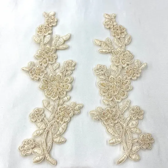 1 Pair Beaded & Corded Floral Lace Applique 10" x 2" Each Side Champagne {1}