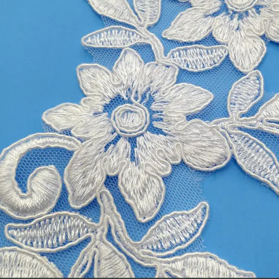 1 Pair 15" x 4" Corded Floral Applique Embroidered on 100% Polyester Net Mesh White {1}