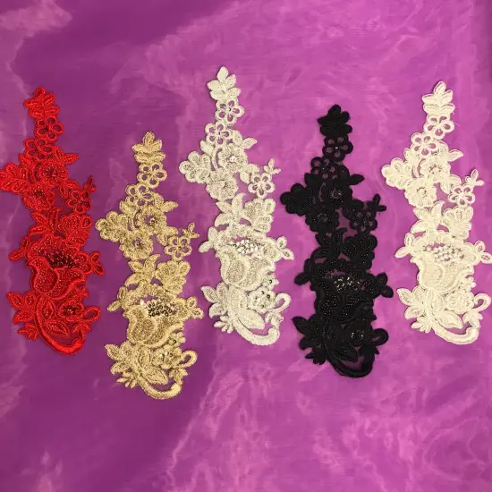 1 Pair 10" x 3.5" Each Side Beaded & Corded Floral Lace Applique100% Polyester Net Mesh Black {7}