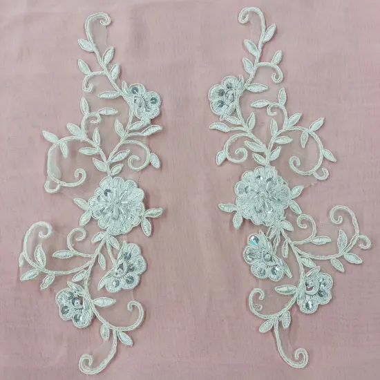 1 Pair Beaded & Corded Floral Lace Applique Embroidered on 100% Polyester 9.5" x 2" Each Side Pink {6}