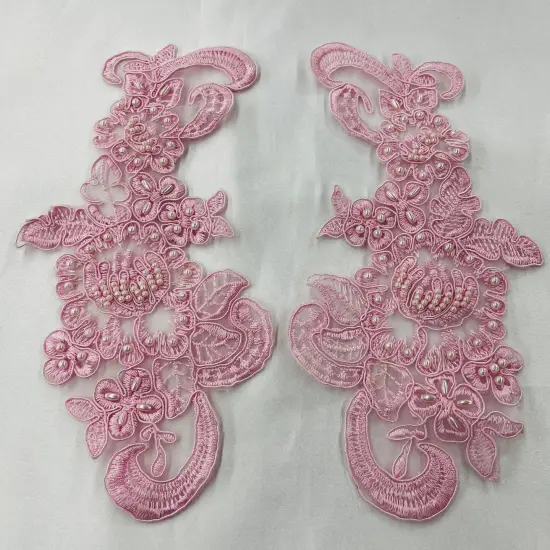 1 Pair 8.5" x 3.5" Each Side Beaded & Corded Floral Lace Applique 100% Polyester Organza Pink {1}