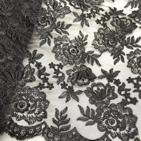 1 Yard Black Corded Bridal Lace Fabric Embroidered Elegant Net Mesh Couture Dress 51" Width {2}