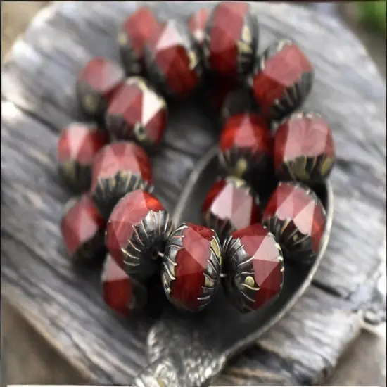 *10* 10mm Red Opaline Picasso Center Cut Cruller Beads {2}