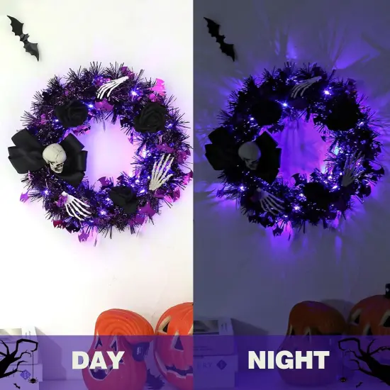Halloween Black Rose Wreath with Lights - 13 Inch {4}