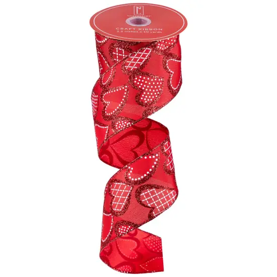 Northlight Hearts Valentine's Day Glittered Wired Craft Ribbon - 2.5" x 10 Yards - Red and White {3}