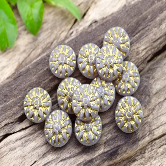 *12* 15mm Gold Washed Lilac Opaline Dahlia Flower Coin Beads {1}
