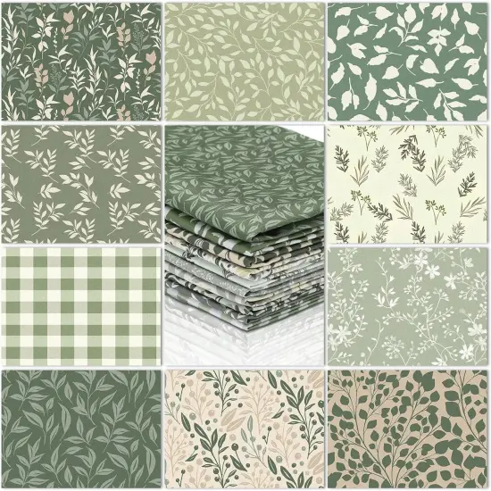 10 Pcs Sage Green Floral Quilting Fabric - 18 x 22 Inch {1}