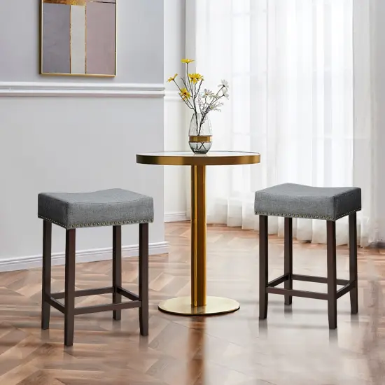 Costway Set of 2 Nailhead Saddle Bar Stools 24'' Height w/ Fabric Seat & Wood Legs BeigeGray {4}
