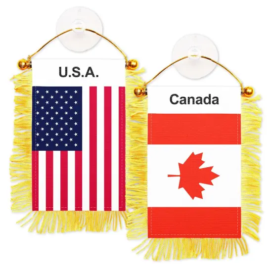G128 Combo Pack: American USA & Canada Canadian Fringy Flag Double Sided 3x5 In | Both Fringy Hanging Flag with Suction Cup {1}