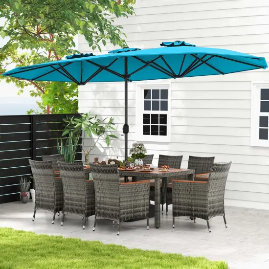 Costway 10 Pieces Patio Wicker Dining Set with Double-Sided Patio Umbrella 8 Armchairs Grey/Red/Orange/Turquoise/Beige/Coffee {5}