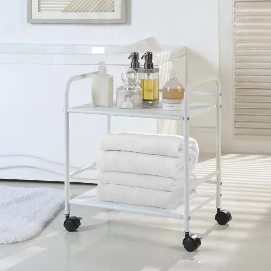 2-Tier Metal Rolling Utility Cart &ndash; Mobile Storage Shelf with Caster WheelsC White {4}