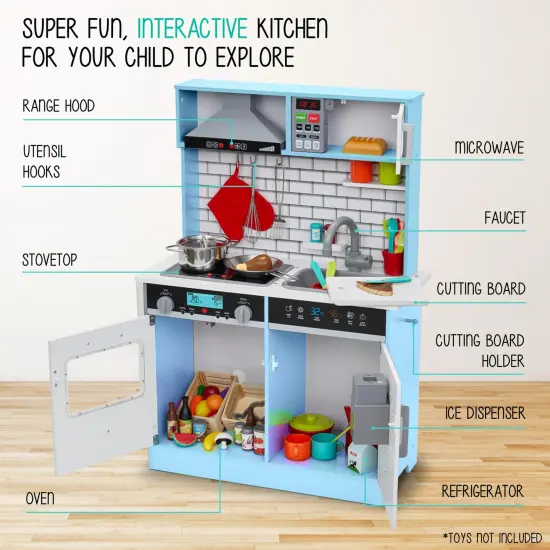 Lil' Jumbl Small Wooden Pretend Play Kitchen Set for Kids with Stovetop, Oven, and Interactive Features Blue {6}
