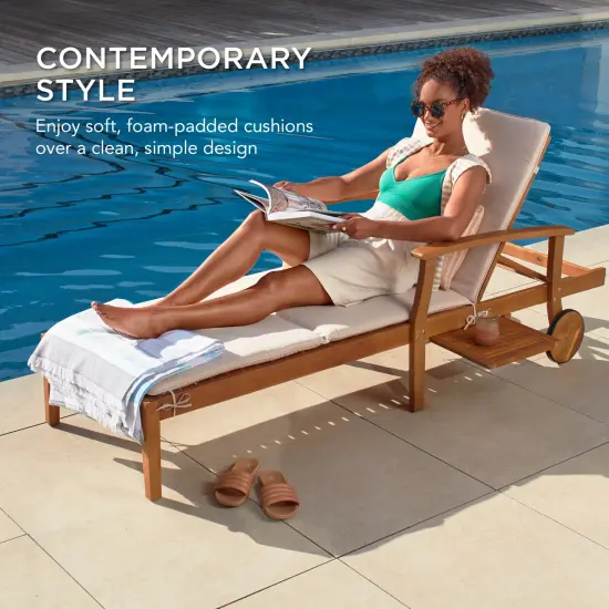 Best Choice Products 79x26in Acacia Wood Outdoor Chaise Lounge Chair w/ Adjustable Backrest, Table, Wheels Cream {2}