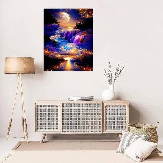 Moonlight Waterfall Stamped Cross Stitch Kits - Nature Landscape Starry Scenery Needlepoint {2}