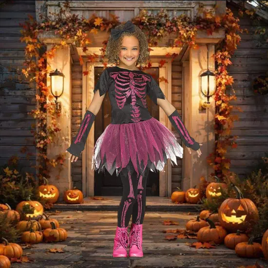 Skele Girl Pink Child Costume Skeleton Print Tutu Skirt Gloves {3}