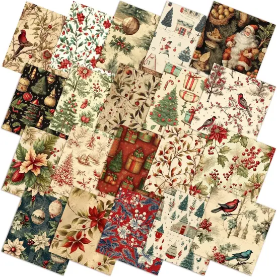 60 Pcs 10 x 10 Inch Vintage Christmas Quilting Fabric Rustic Christmas Fat {1}