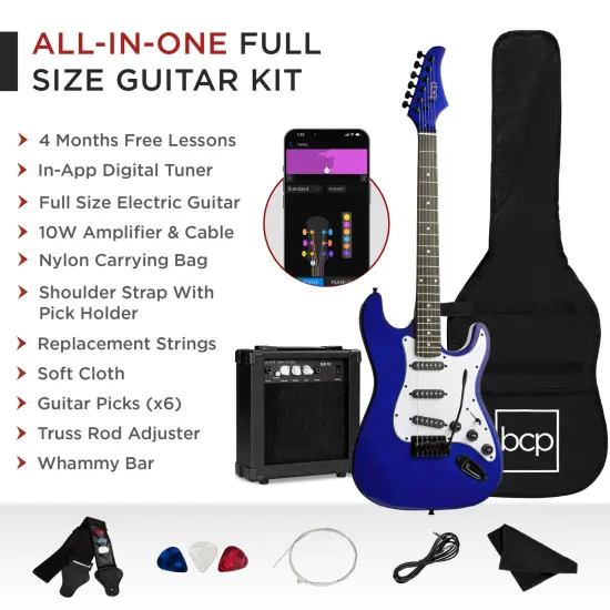 Best Choice Products 39in Full Size Beginner Electric Guitar Kit with Case, Strap, Amp, Whammy Bar Metallic Blue {3}